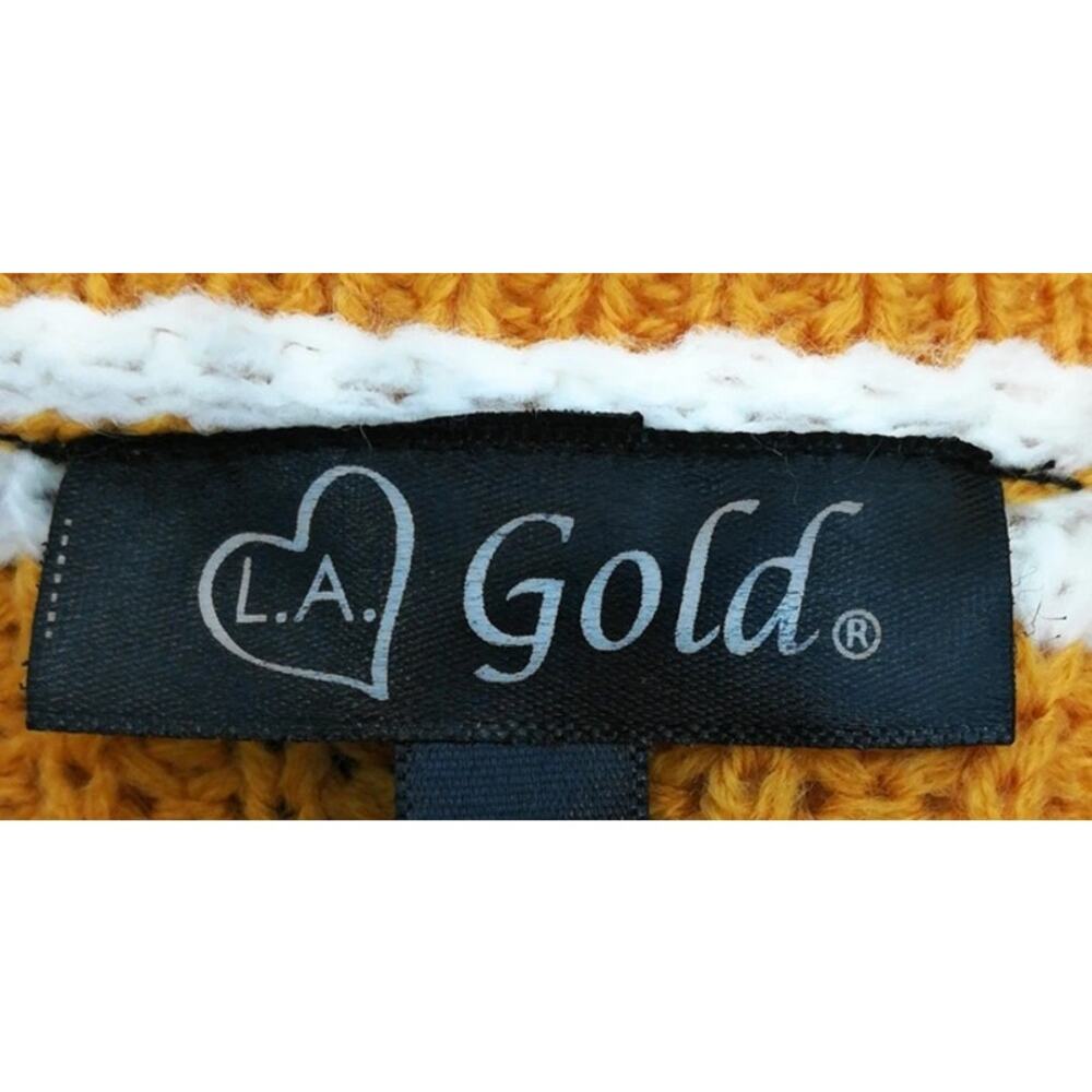 L.A. Gold Striped V Neck Sweater Large Mustard Black White Cozy Knit Pullover - Picture 4 of 4